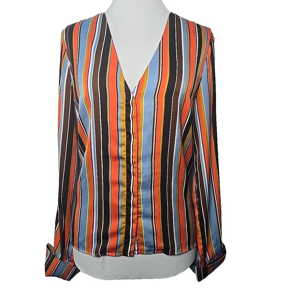 ASTR The Label Striped Hidden Button Front Long Sleeve Blouse Top Medium M